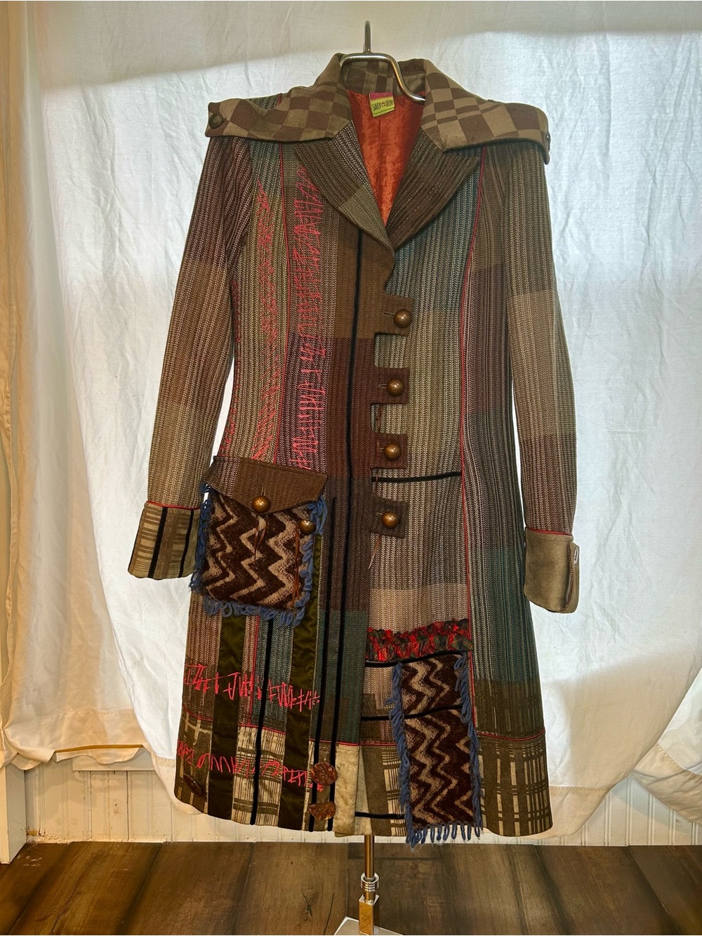 Save The Queen Wool 100% Patchwork Long Coat with Geometric Pockets - Multicolor